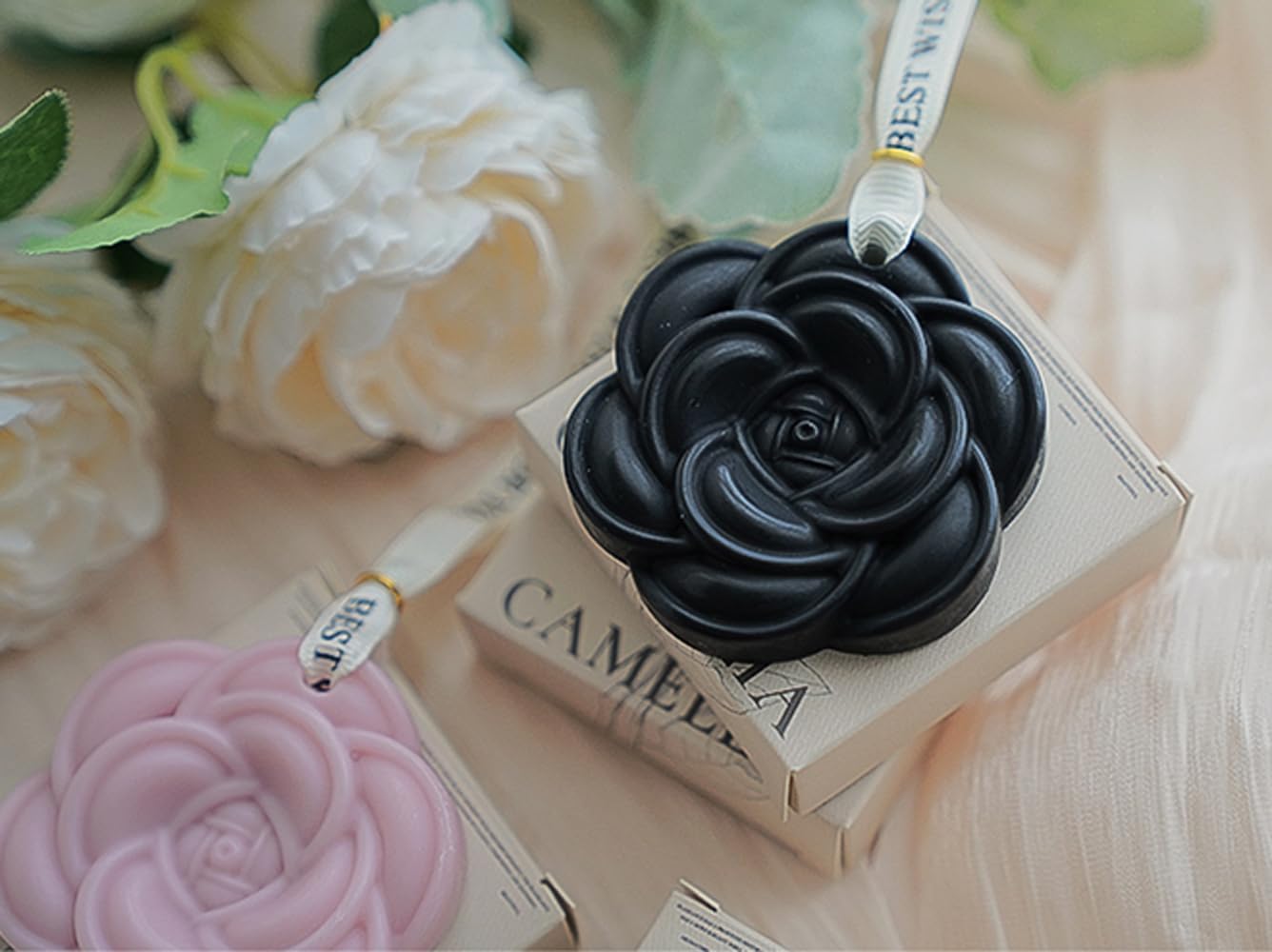 Aroma Soy Wax Sachets,3PACK Exquisite Carved Camellia Flower Long Lasting Essential Oil Floral Tablets for Wardrobe,Car,Drawers and Home Decor,Ideal Gift Set for Mom and Sister