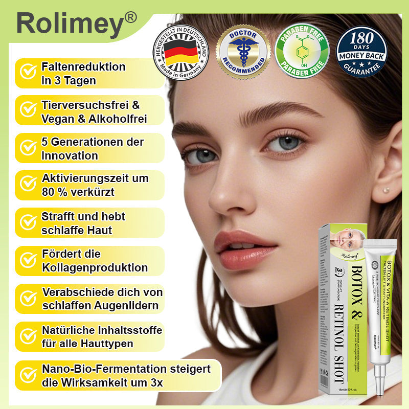 ✅Jetzt jugendliche Haut zurückgewinnen 💫Rolimey® Botox & Vita-A Retinol Shot Falten-Lift Straffungscreme